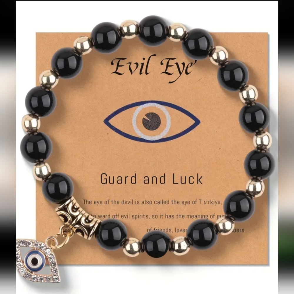 Black & Gold Evil Eye Stretch Beaded Bracelet. NWT